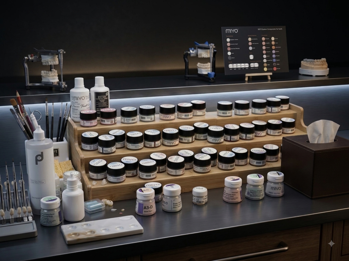 Organized dental laboratory workbench with restorative materials and models